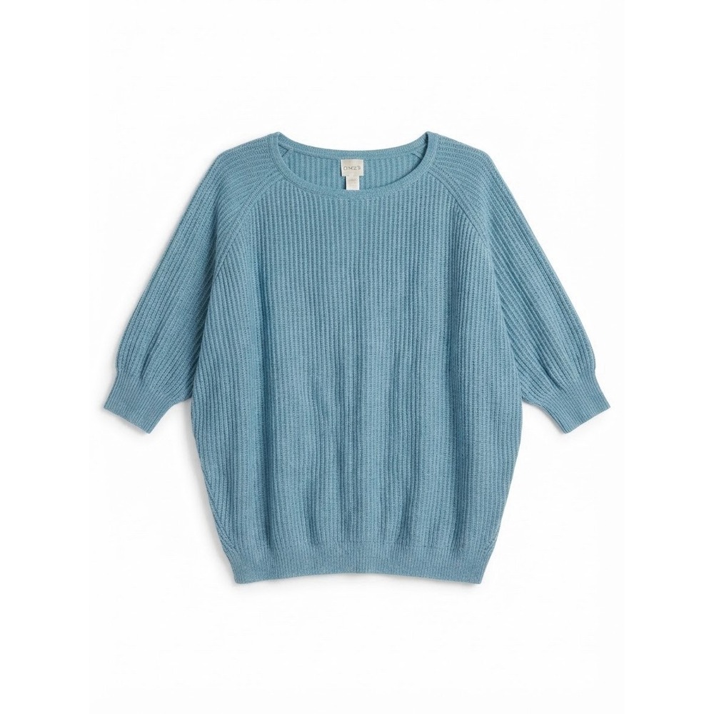Chicos Xl Wool Blend Sweater Blue Baggy Boho Warm Fall Winter Short Sleeve